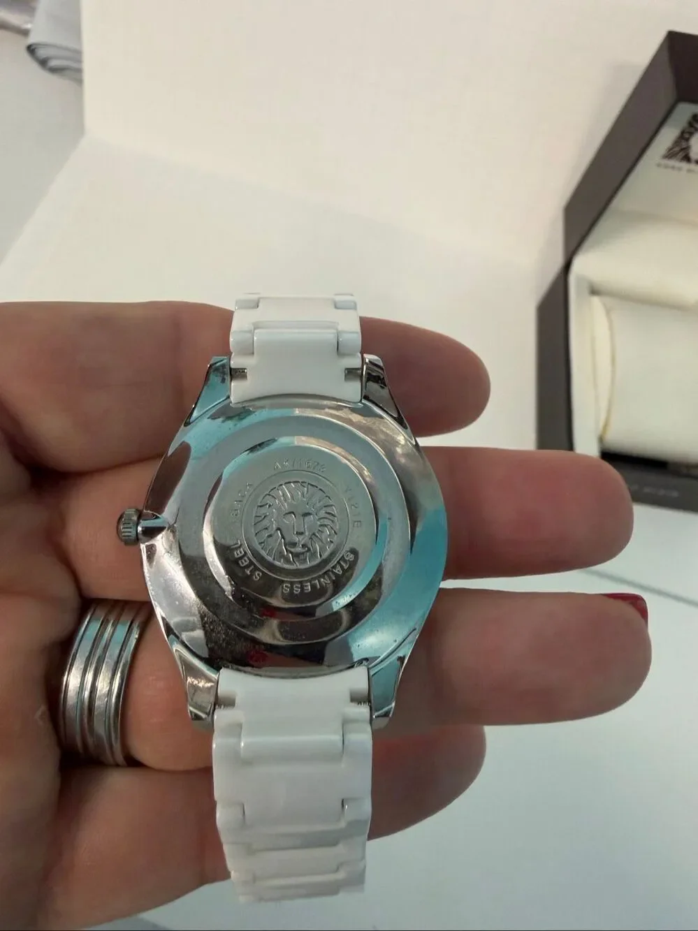 Anne Klein White Ceramic Crystal Watch and box AK-1673WTSV